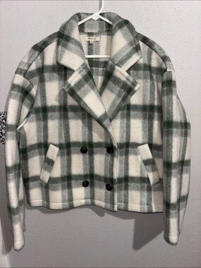 Madewell Jacquard Double-Breasted Crop Blazer in Green Plaid (Large)